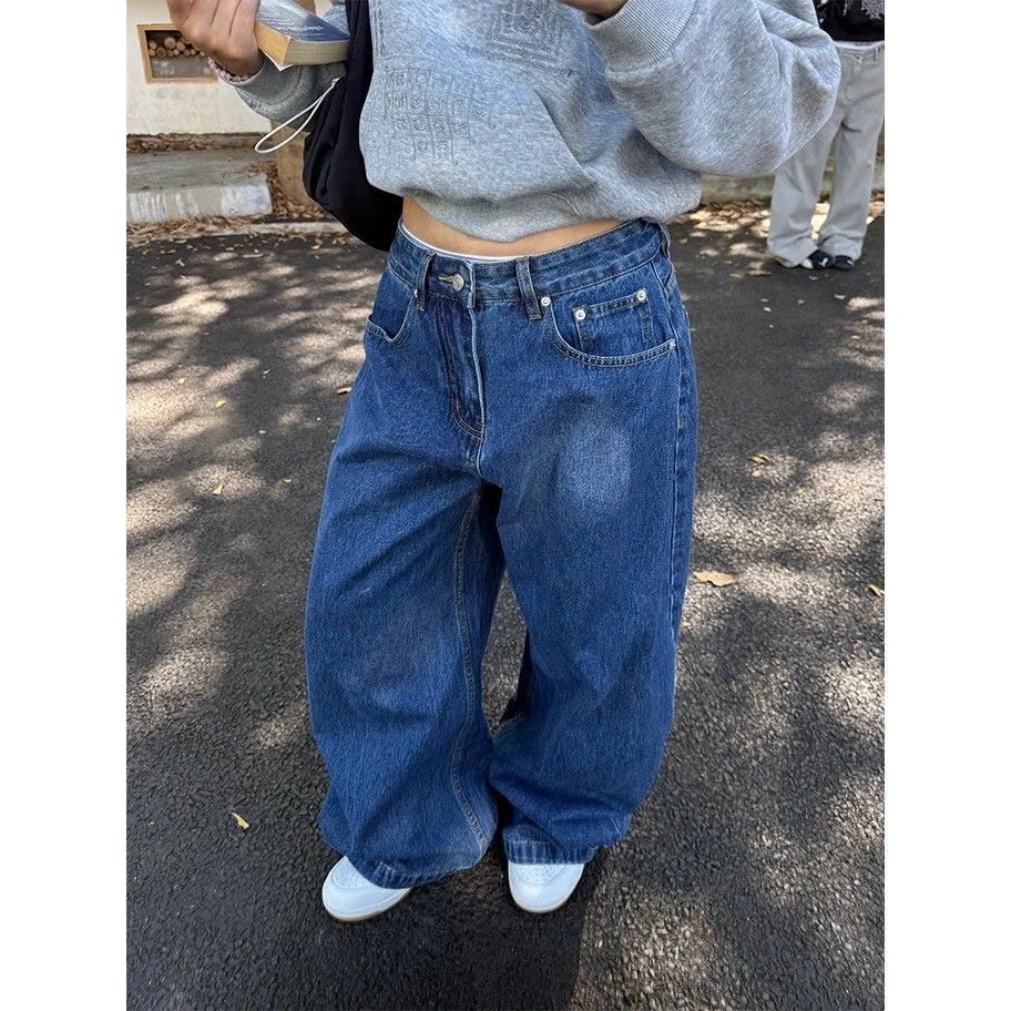 Quần jean unisex ống rộng màu xanh đậm trơn cạp vừa - Tiktik
