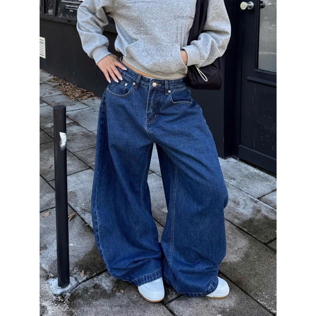 Quần jean unisex ống rộng màu xanh đậm trơn cạp vừa - Tiktik