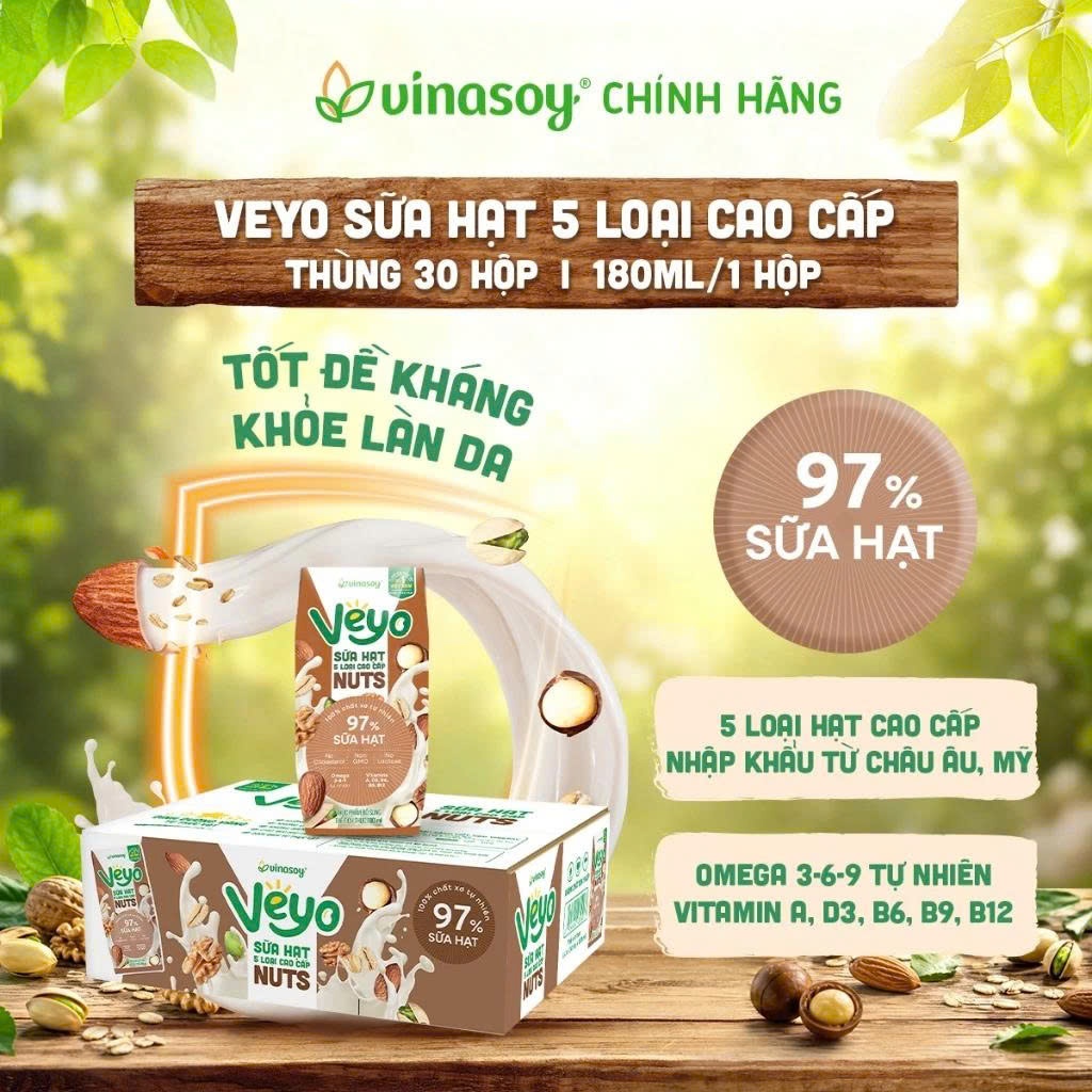 Sữa Hạt Vinasoy VEYO 97% Cao Cấp 5 Loại Hạt & Yến Mạch Không Lactose Vị Tự Nhiên Thùng 30 Hộp x 180ml