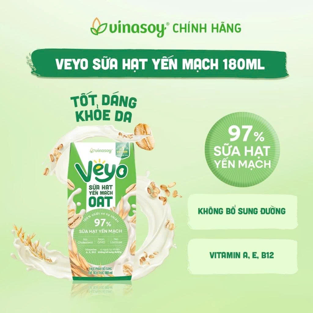 Sữa Hạt Vinasoy VEYO 97% Cao Cấp 5 Loại Hạt & Yến Mạch Không Lactose Vị Tự Nhiên Thùng 30 Hộp x 180ml