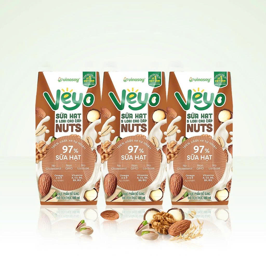 Sữa Hạt Vinasoy VEYO 97% Cao Cấp 5 Loại Hạt & Yến Mạch Không Lactose Vị Tự Nhiên Thùng 30 Hộp x 180ml