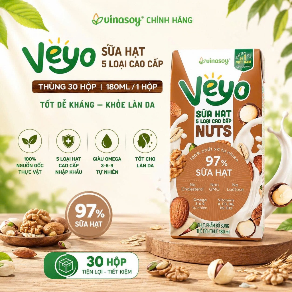 Sữa Hạt Vinasoy VEYO 97% Cao Cấp 5 Loại Hạt & Yến Mạch Không Lactose Vị Tự Nhiên Thùng 30 Hộp x 180ml