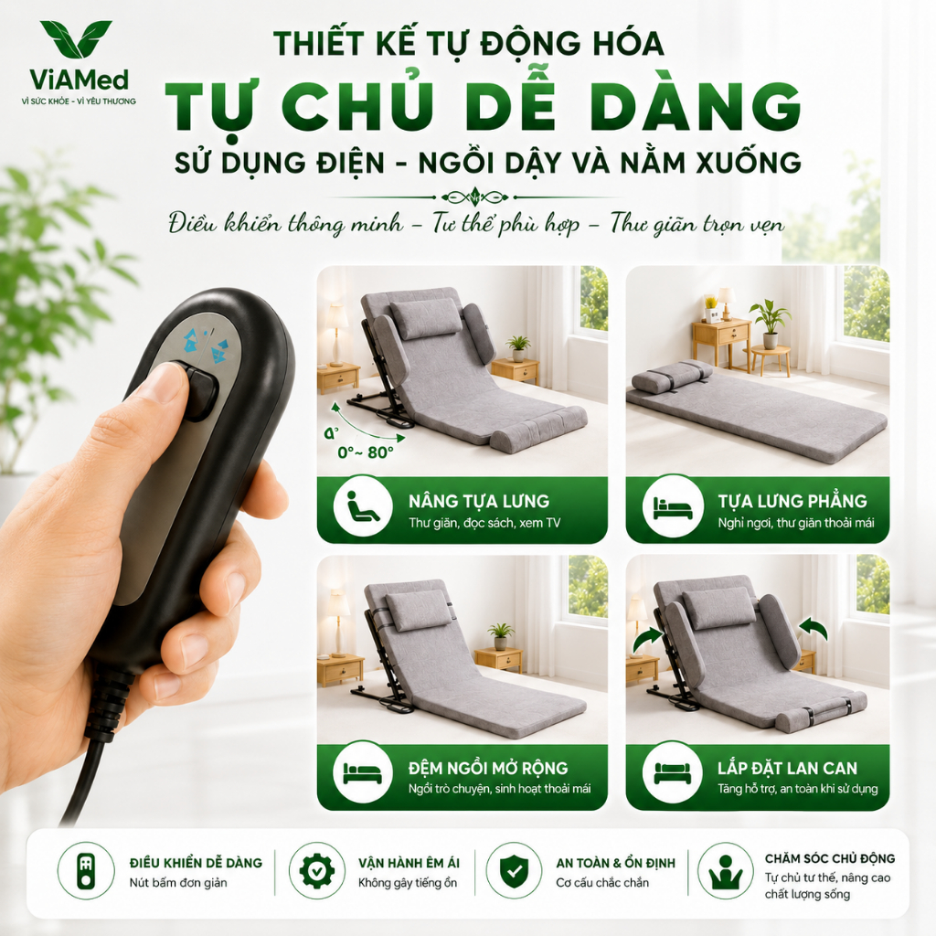 Đệm Nâng Lưng Điện 0-80° Cho Người Bệnh, Người Già - Hỗ Trợ Ngồi Dậy Loại Dài 190x75cm (BÀO HÀNH 2 NĂM)