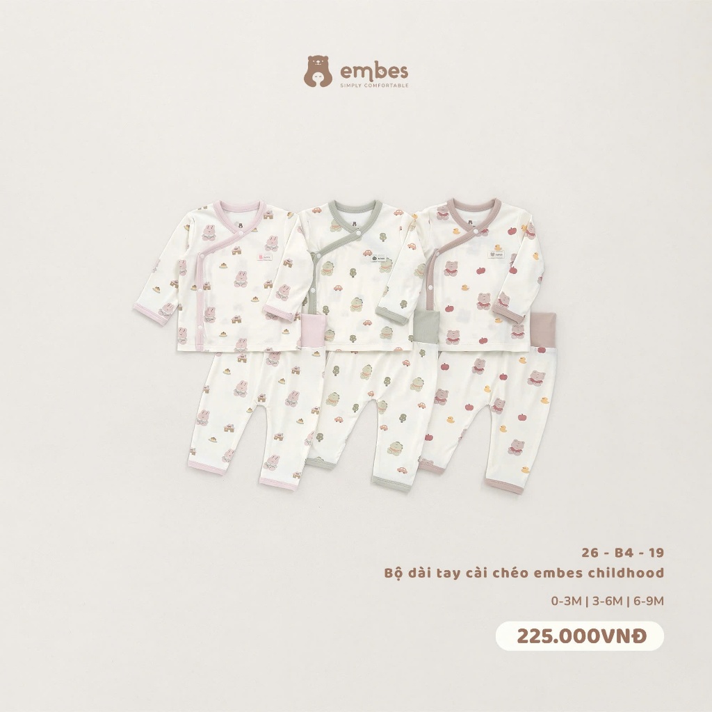Bộ Sơ Sinh Embes, Bộ Dài Tay Cài Chéo Họa Tiết In Tràn Chất Viscose Mềm Cho Bé Sơ Sinh Từ 0-9Tháng