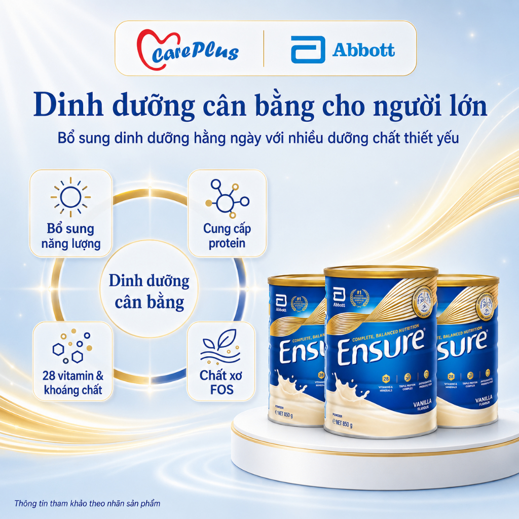 Sữa dinh dưỡng Abbott Ensure Úc 850g vị Vanilla combo 3 lon, 28 vitamin khoáng chất FOS
