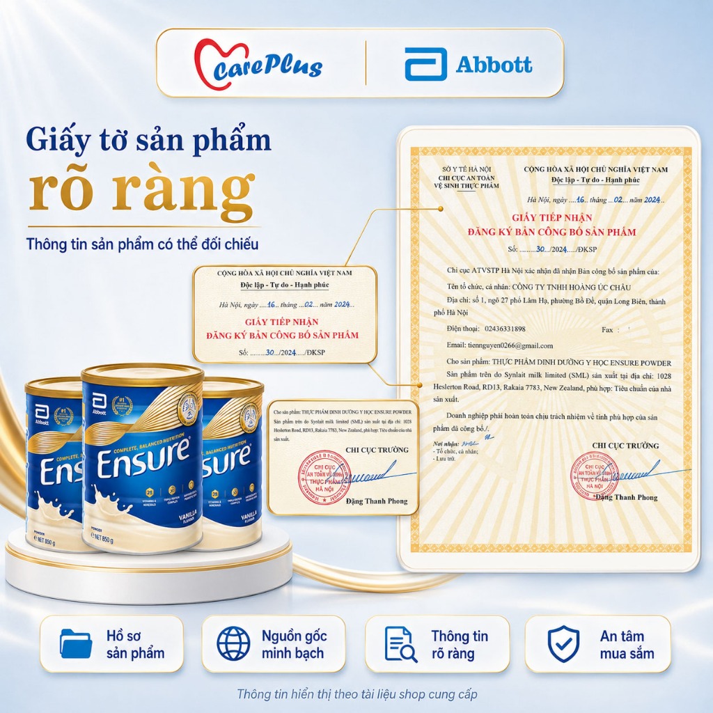 Sữa dinh dưỡng Abbott Ensure Úc 850g vị Vanilla combo 3 lon, 28 vitamin khoáng chất FOS