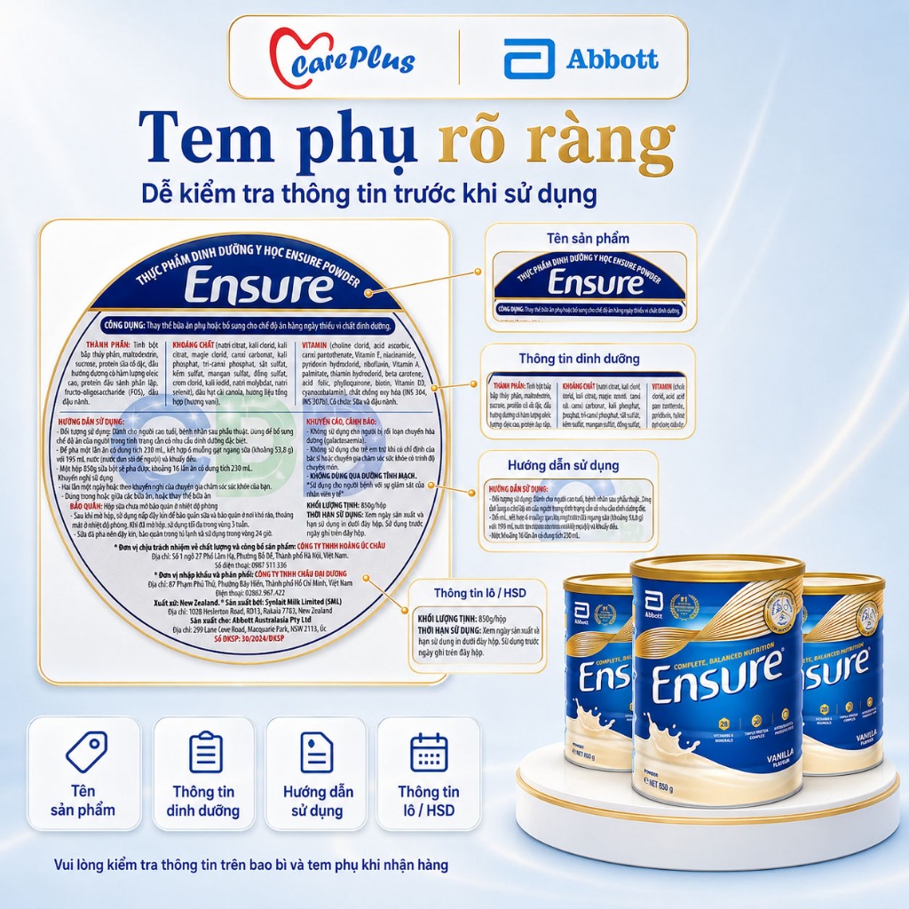 Sữa dinh dưỡng Abbott Ensure Úc 850g vị Vanilla combo 3 lon, 28 vitamin khoáng chất FOS