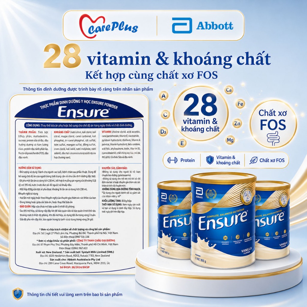 Sữa dinh dưỡng Abbott Ensure Úc 850g vị Vanilla combo 3 lon, 28 vitamin khoáng chất FOS