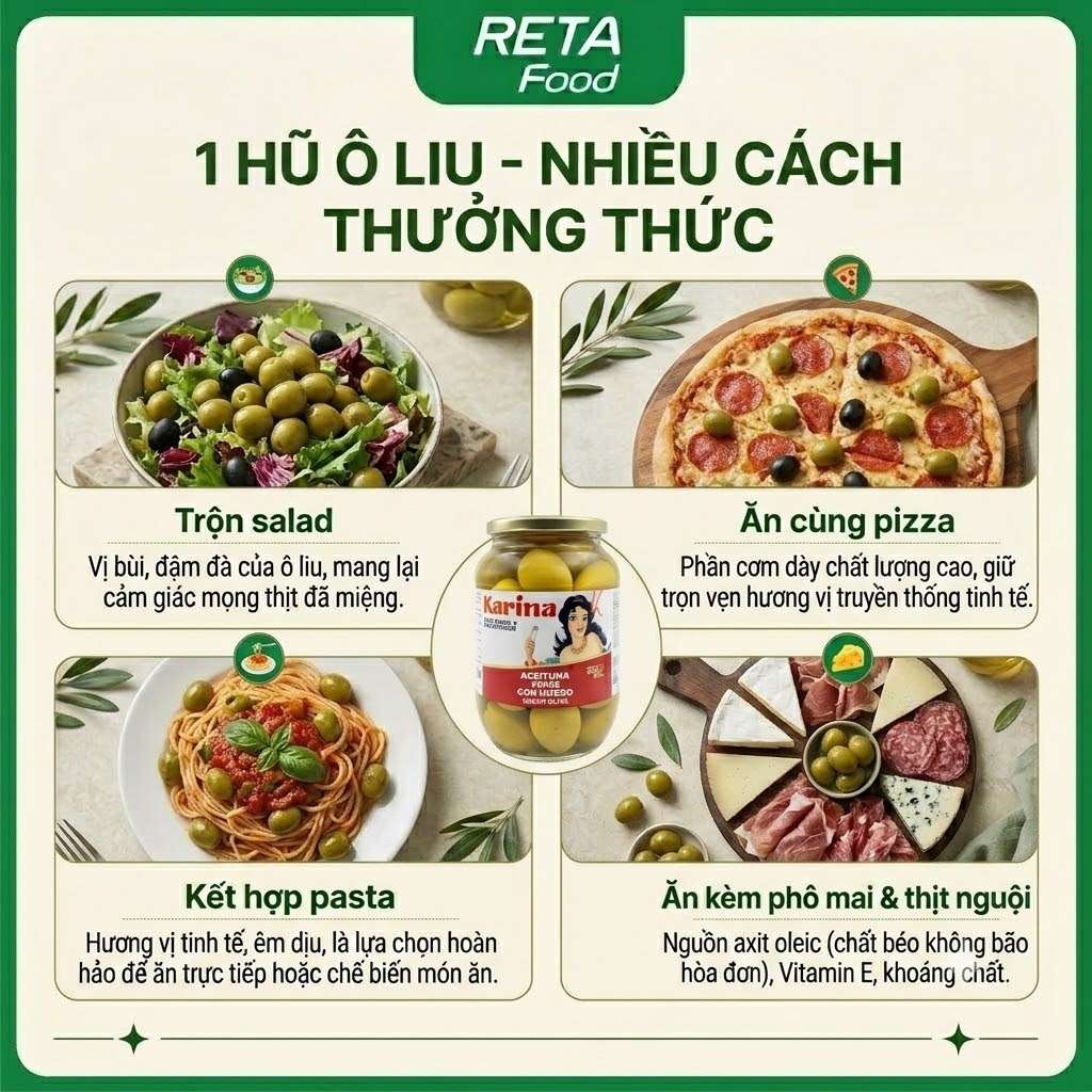 Trái Oliu Nữ Hoàng Karina Spanish Queen Olive 870gr - Xanh Nguyên Hạt Quả To, Thịt Dày Giòn Chắc - Nhập khẩu Tây Ban Nha
