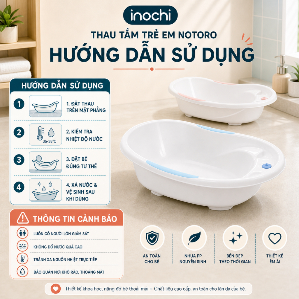 Chậu Tắm Cho Bé Notoro INOCHI Thiết Kế Rộng Có Tay Nắm Và Tựa Chống Trượt Giúp Bé Thoải Mãi Vẫy Vùng