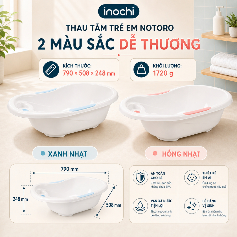 Chậu Tắm Cho Bé Notoro INOCHI Thiết Kế Rộng Có Tay Nắm Và Tựa Chống Trượt Giúp Bé Thoải Mãi Vẫy Vùng