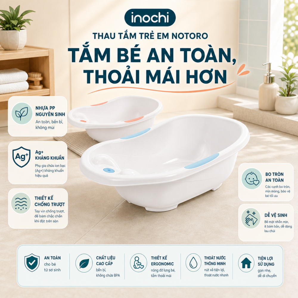 Chậu Tắm Cho Bé Notoro INOCHI Thiết Kế Rộng Có Tay Nắm Và Tựa Chống Trượt Giúp Bé Thoải Mãi Vẫy Vùng