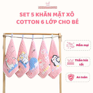 Set 5 Khăn Mặt Xô 6 Lớp Rửa Mặt Cho Bé, Khăn Xô Mềm Mại An Toàn Cho Làn Da Nhạy Cảm Của Bé