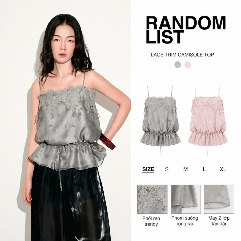 RANDOMLIST - Áo hai dây phom bí phối ren hoạ tiết nữ tính trẻ trung - Lace-Trimmed Bubble Camisole
