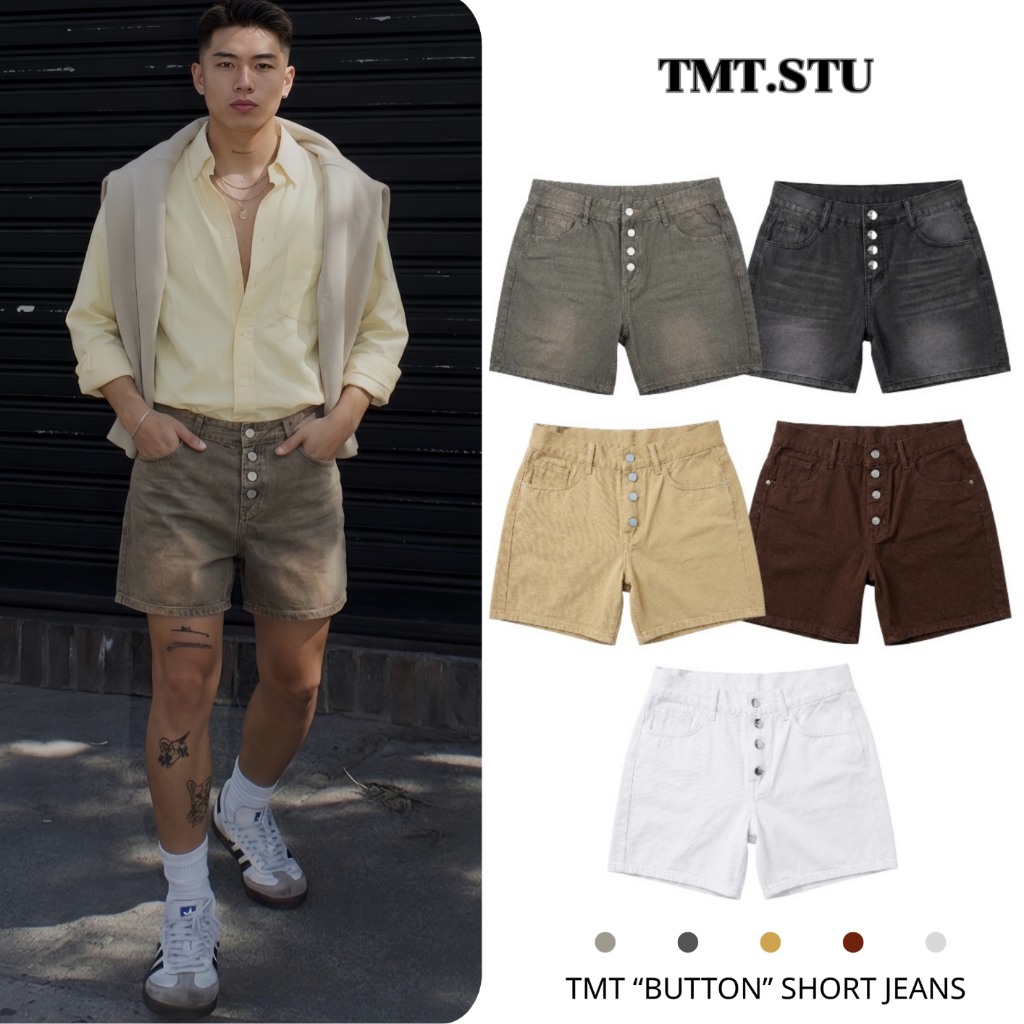 Quần Short Jeans Nam Form Rộng Denim Cao Cấp Đính Hàng Khuy Trước Unisex Streetwear TMT.STU | TMTD09