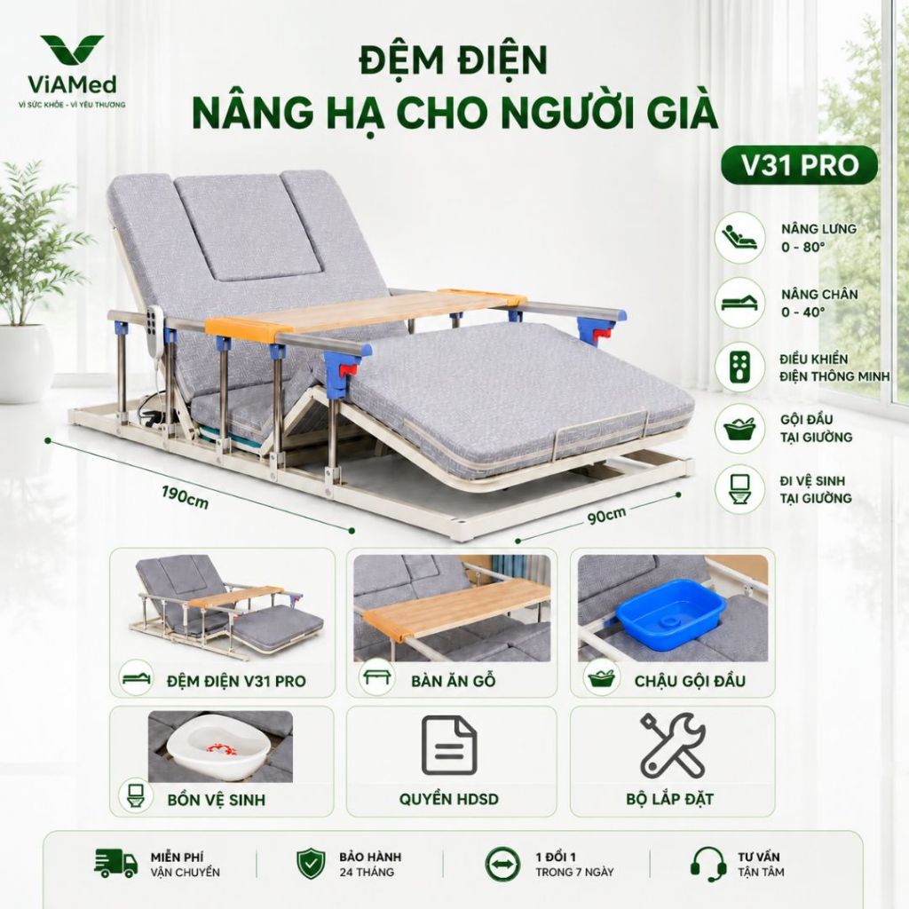 Đệm Nâng Lưng - Chân - Lật nghiêng Điện 0-80° Cho Người Bệnh, Đệm nâng hạ Tự động - Hỗ Trợ Ngồi Dậy (BÀO HÀNH 2 NĂM)