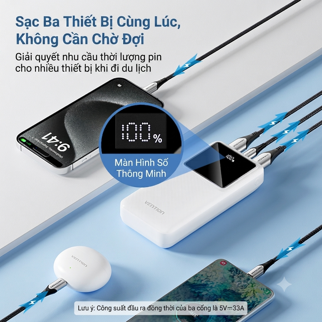 Pin Sạc Dự Phòng 20000mAh 22.5W Vention, Sạc Nhanh PD/QC,3 Cổng USB-A & USB-C, Dung Lượng Lớn, Được Mang Lên Máy Bay