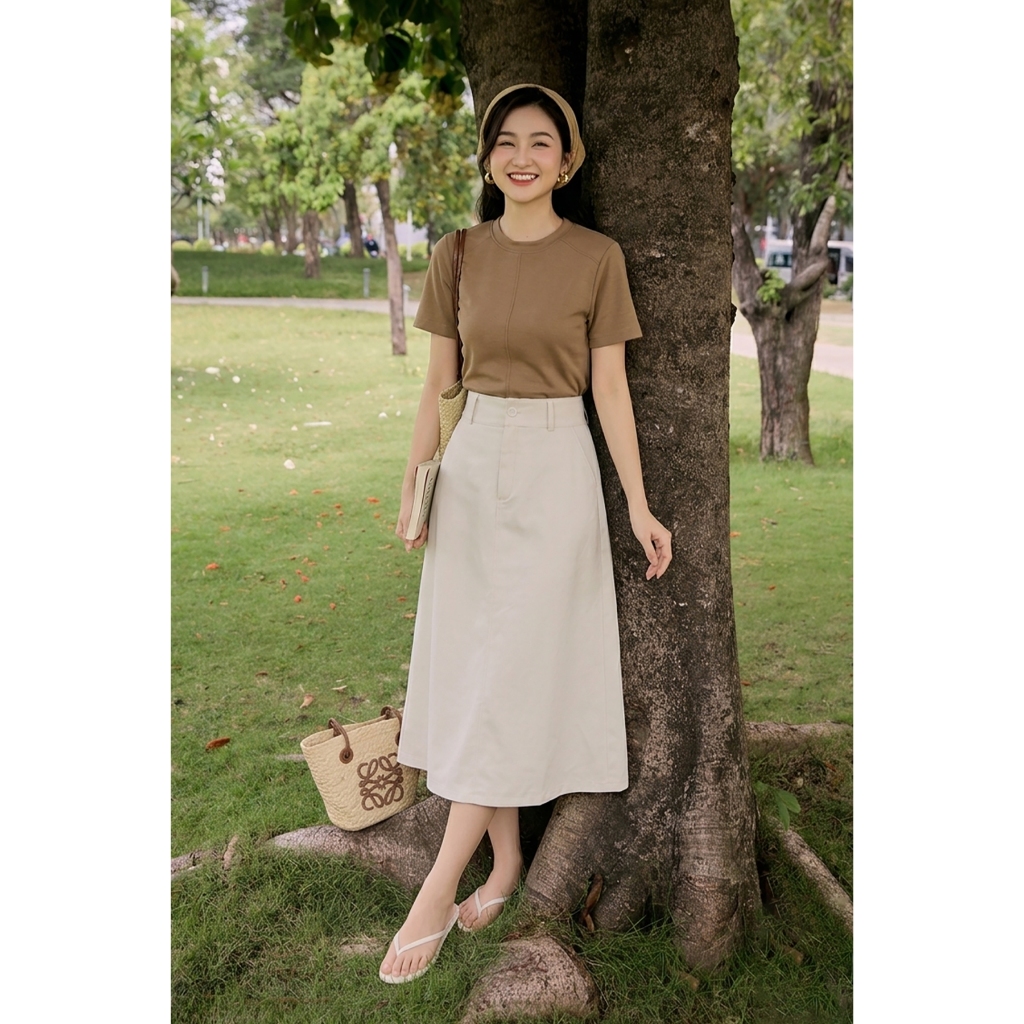 Chân váy A nữ Gmorning - GUMAC dáng midi phối đỉa công sở trẻ trung thanh lịch  YVG05072