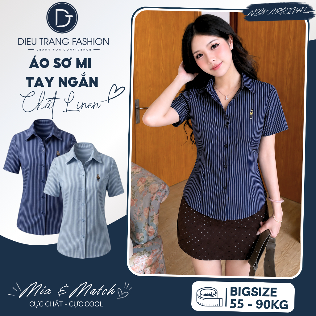 Áo Sơ Mi Nữ Tay Ngắn Kẻ Sọc Chất Linen Form Ôm Tôn Dáng Big Size 55-90Kg AT9025 Diệu Trang Fashion