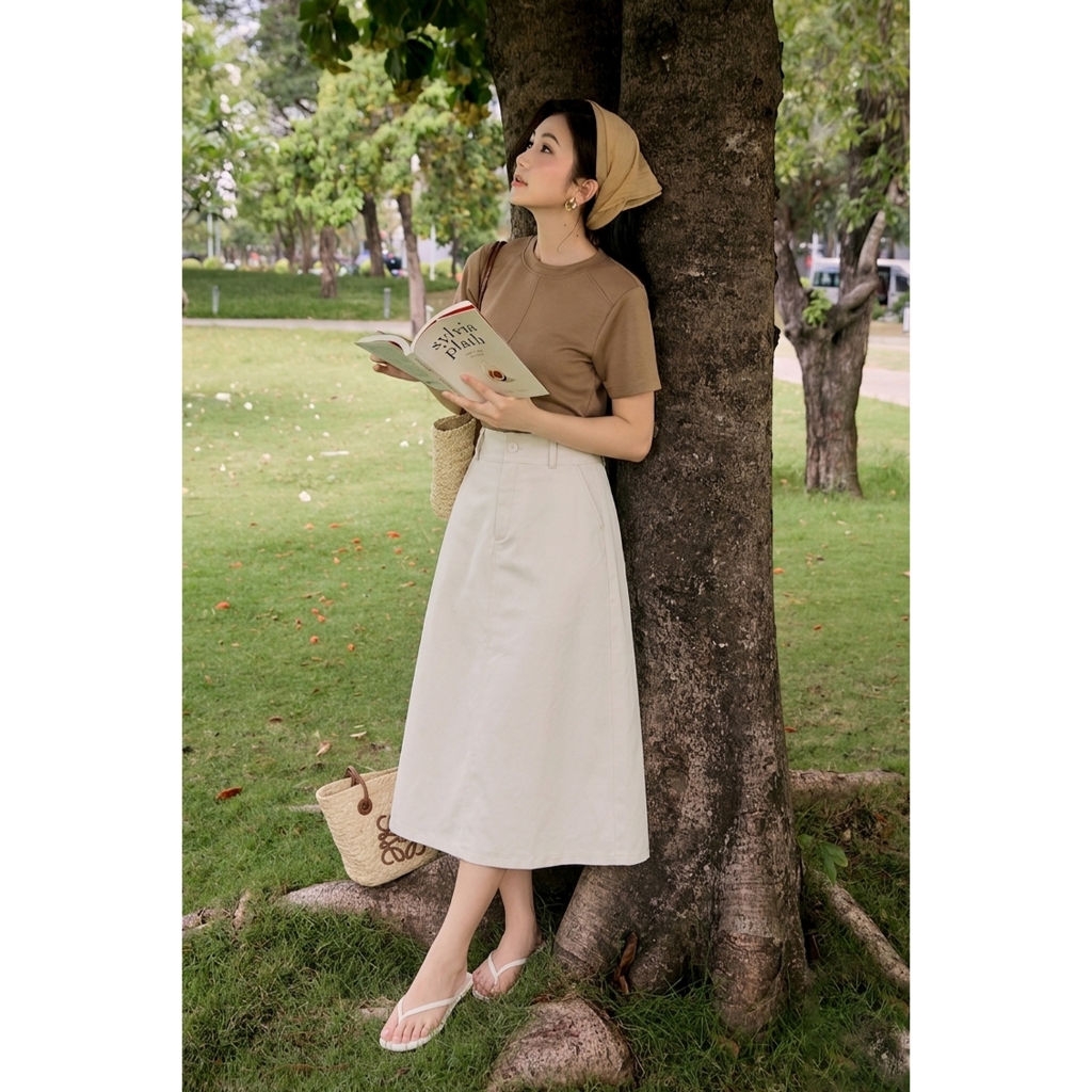 Chân Váy Kaki GUMAC Dáng A Midi Phối Đỉa Công Sở Trẻ Trung Dễ Phối Đồ YVG05072