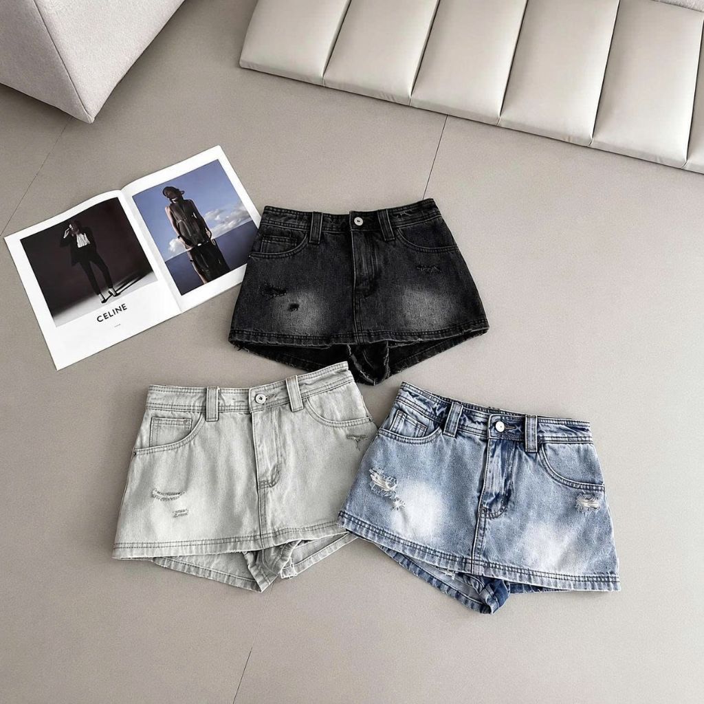 Chân Váy Jean Ngắn Có Quần CHEZI HOUSE #8661-8667, Chân Váy Bò Rách Nhẹ Dáng Ngắn 33cm Tôn Dáng Sexy
