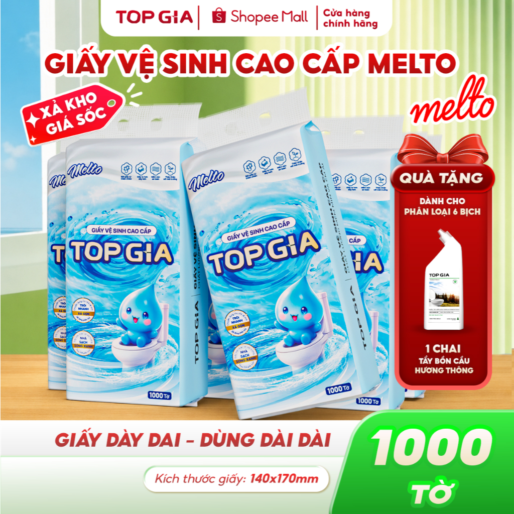 Giấy vệ sinh treo tường đa năng TopGia Melto 1000 Tờ/4 Lớp tan nhanh trong nước, mềm mịn, an toàn