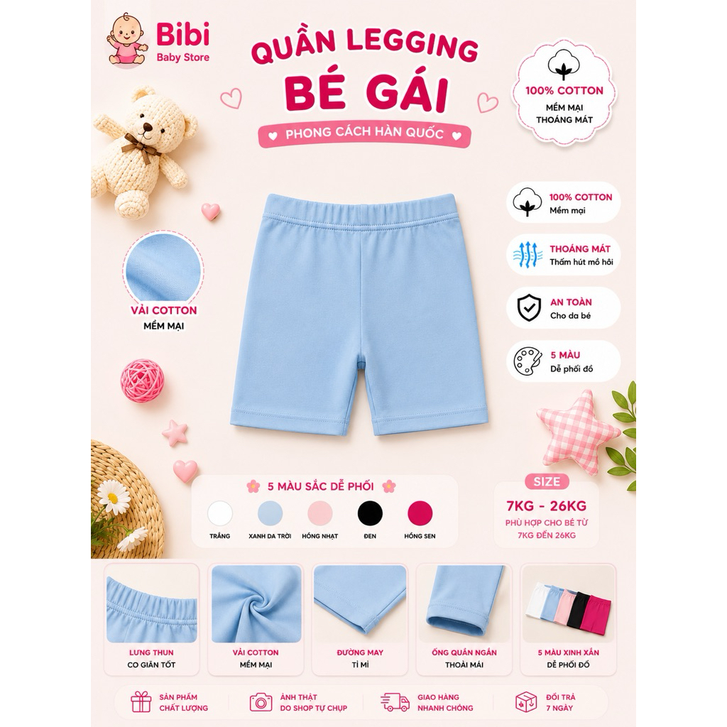 Quần Legging Bé Gái Cotton Có Giãn 4 Chiều Mềm Mại Thoáng Mát Quần Đùi Mặc Nhà Đi Chơi Phong Cách Hàn Quốc 8 - 26 KG