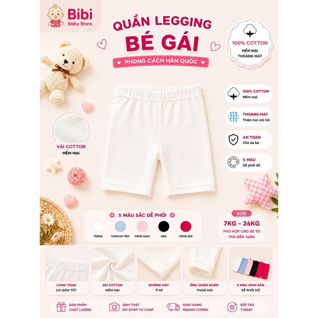 Quần Legging Bé Gái Cotton Có Giãn 4 Chiều Mềm Mại Thoáng Mát Quần Đùi Mặc Nhà Đi Chơi Phong Cách Hàn Quốc 8 - 26 KG