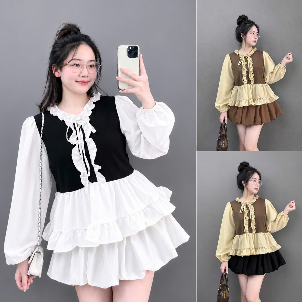 Set Bigsize Nữ Áo Nỉ Tăm Nhún Eo Cột Nơ Mix Chân Váy Bí Lưng Thun – Gọn Dáng Thoải Mái (A336+CV413)
