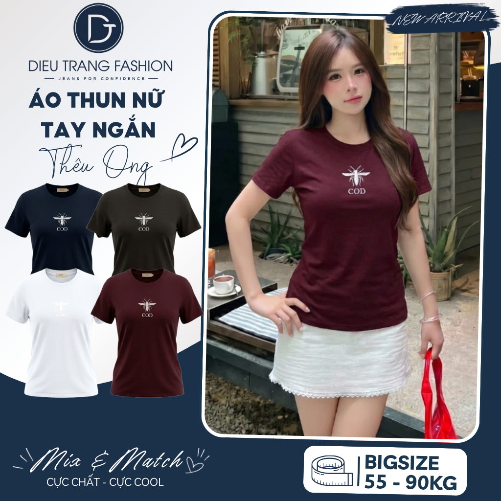 Áo Thun Nữ Tay Ngắn Thêu Ong Chất Borip Mềm Mại Tôn Dáng Big Size 55-90Kg AT9112 Diệu Trang Fashion