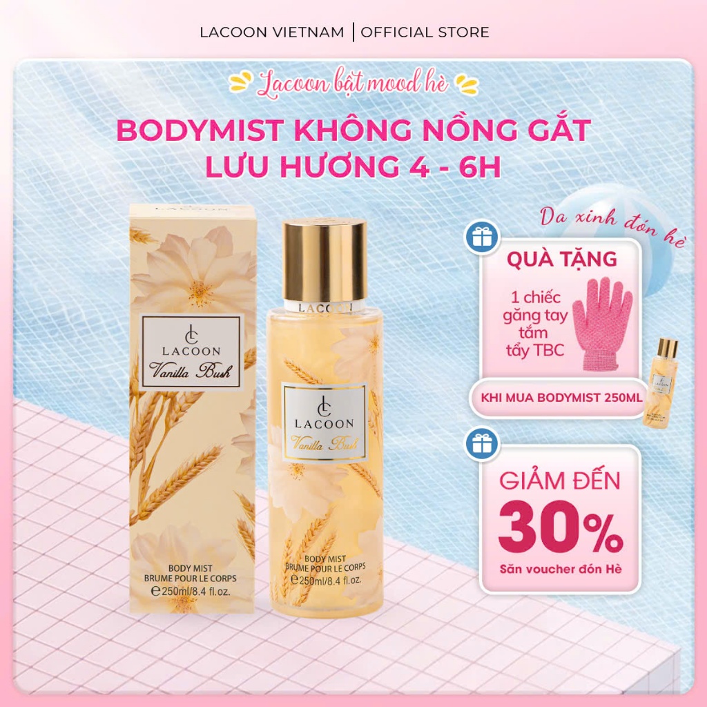 Body Mist LACOON hương Vanilla Bush - Xịt Thơm Phong Cách Nữ Tính, Mùi Hương Em Bé, Lưu Hương Lâu