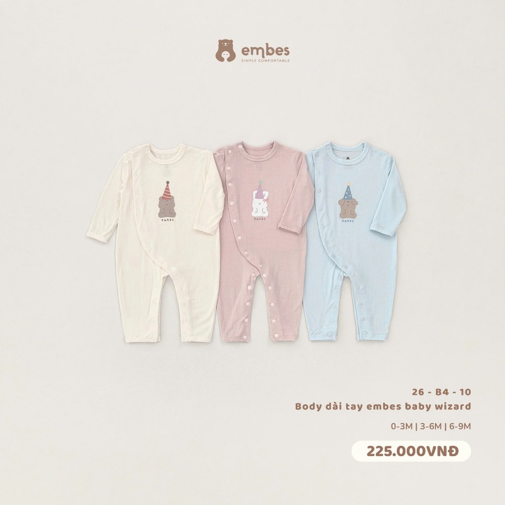 Body Sơ Sinh Embes, Body Dài Tay Cài Chéo In Họa Tiết Chất Bamboo Mềm Mại Cho Bé Sơ Sinh Từ 0-9Tháng
