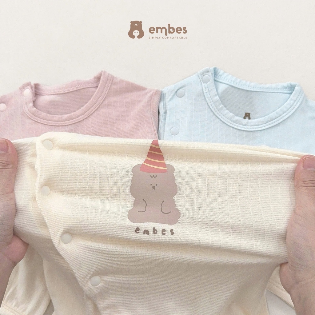 Body Sơ Sinh Embes, Body Dài Tay Cài Chéo In Họa Tiết Chất Bamboo Mềm Mại Cho Bé Sơ Sinh Từ 0-9Tháng