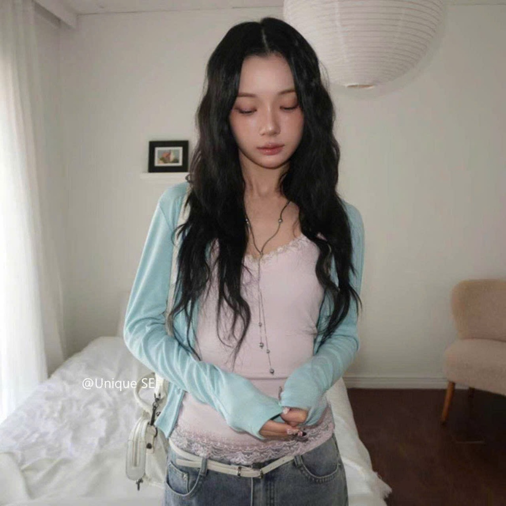 Set áo 2 món carigan xanh tiffany và áo hay dây viền ren màu hồng dáng vừa SET018 - Tiktik
