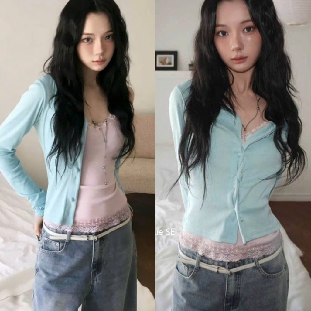Set áo 2 món carigan xanh tiffany và áo hay dây viền ren màu hồng dáng vừa SET018 - Tiktik