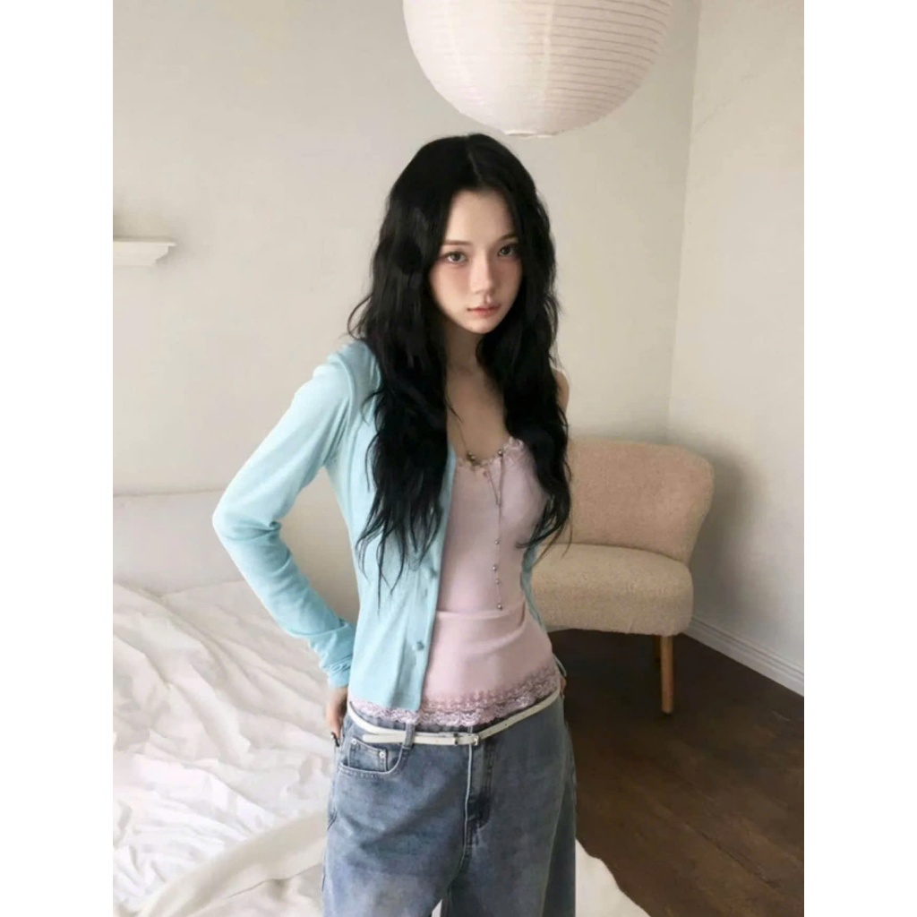 Set áo 2 món carigan xanh tiffany và áo hay dây viền ren màu hồng dáng vừa SET018 - Tiktik
