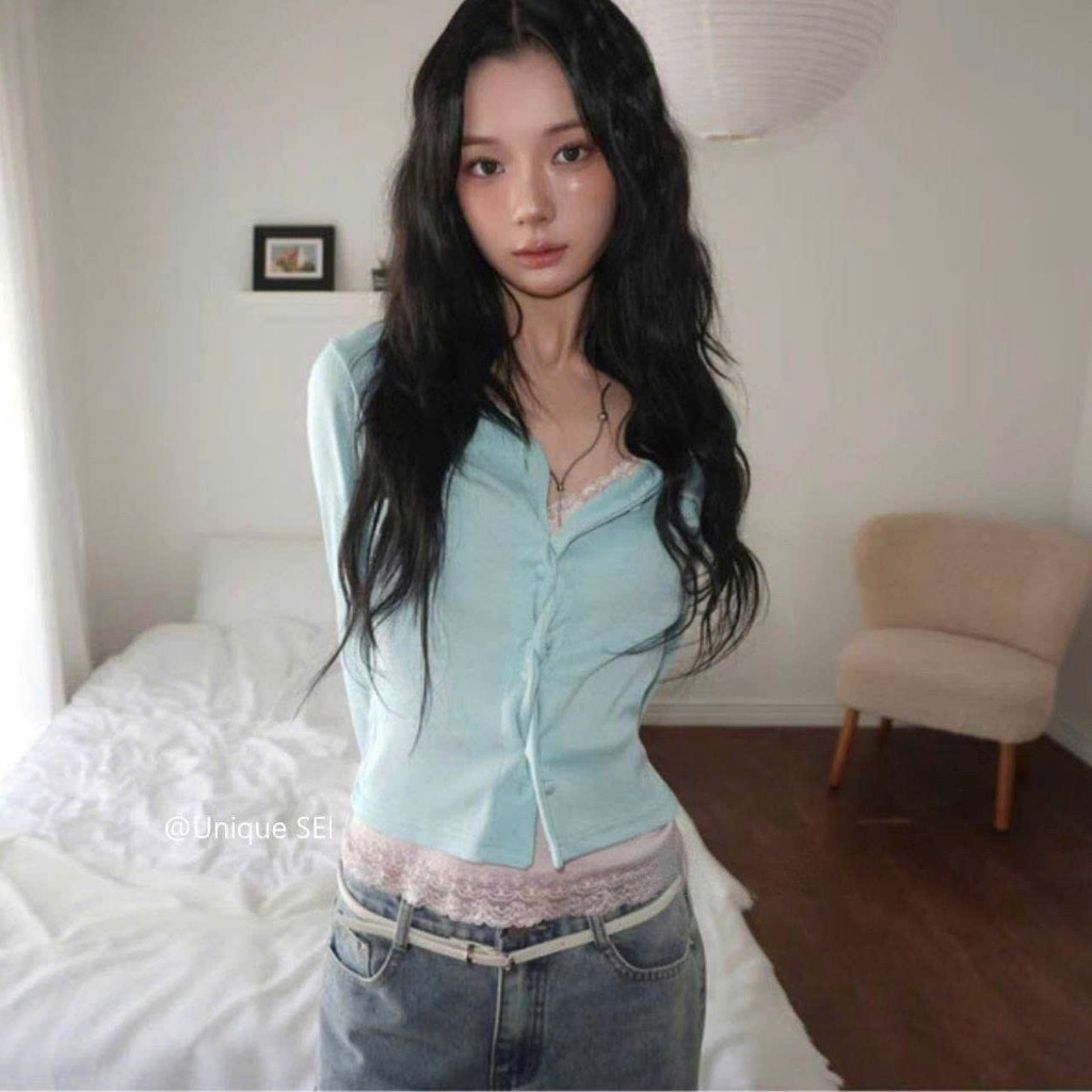 Set áo 2 món carigan xanh tiffany và áo hay dây viền ren màu hồng dáng vừa SET018 - Tiktik