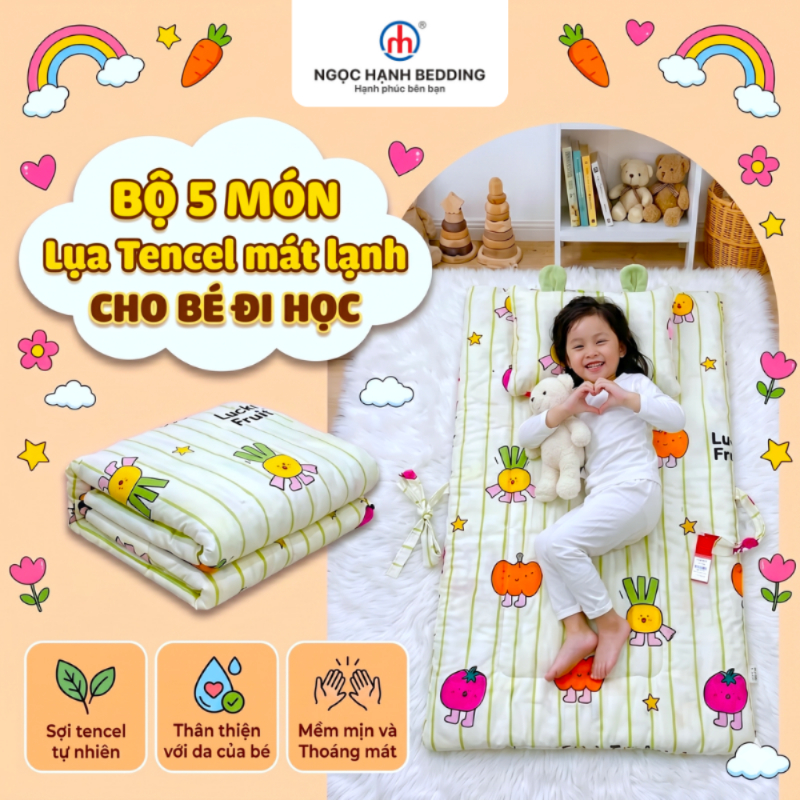[Mới 2026] Bộ Nệm Chăn Gối Cho Bé Đi Học, Vải Lụa Tencel Lyocell Viscose mềm mát (Tặng Kèm Túi Đựng)
