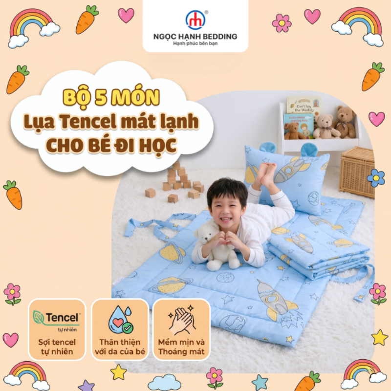 [Mới 2026] Bộ Nệm Chăn Gối Cho Bé Đi Học, Vải Lụa Tencel Lyocell Viscose mềm mát (Tặng Kèm Túi Đựng)