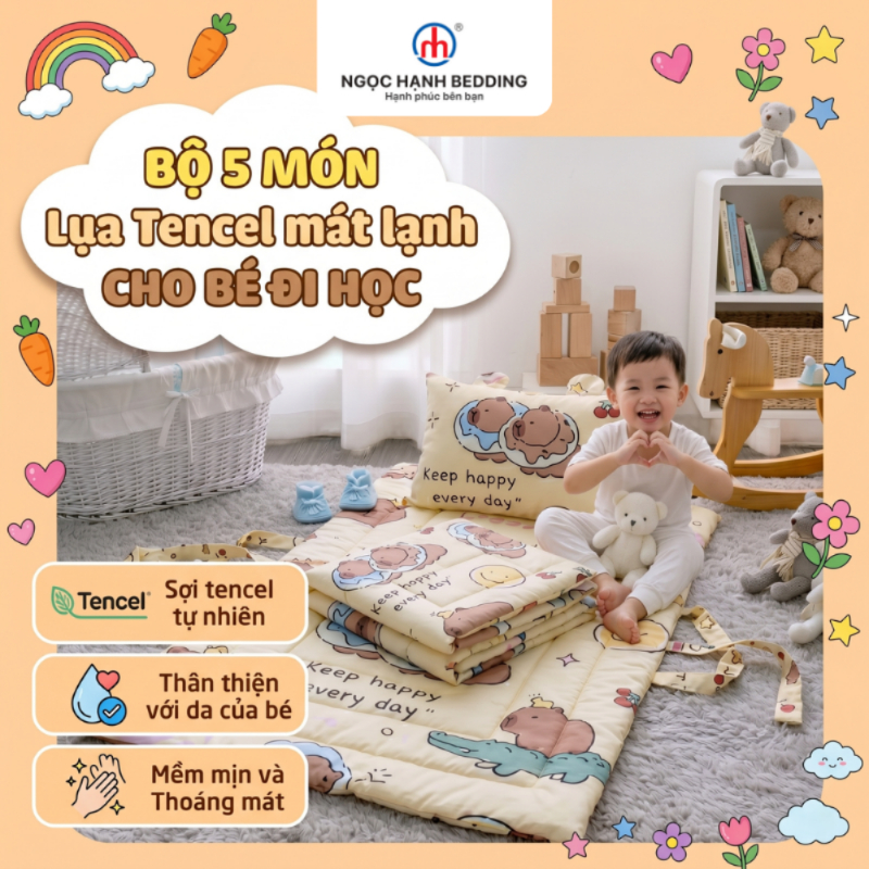 [Mới 2026] Bộ Nệm Chăn Gối Cho Bé Đi Học, Vải Lụa Tencel Lyocell Viscose mềm mát (Tặng Kèm Túi Đựng)