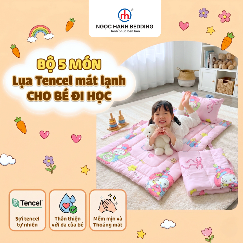 [Mới 2026] Bộ Nệm Chăn Gối Cho Bé Đi Học, Vải Lụa Tencel Lyocell Viscose mềm mát (Tặng Kèm Túi Đựng)