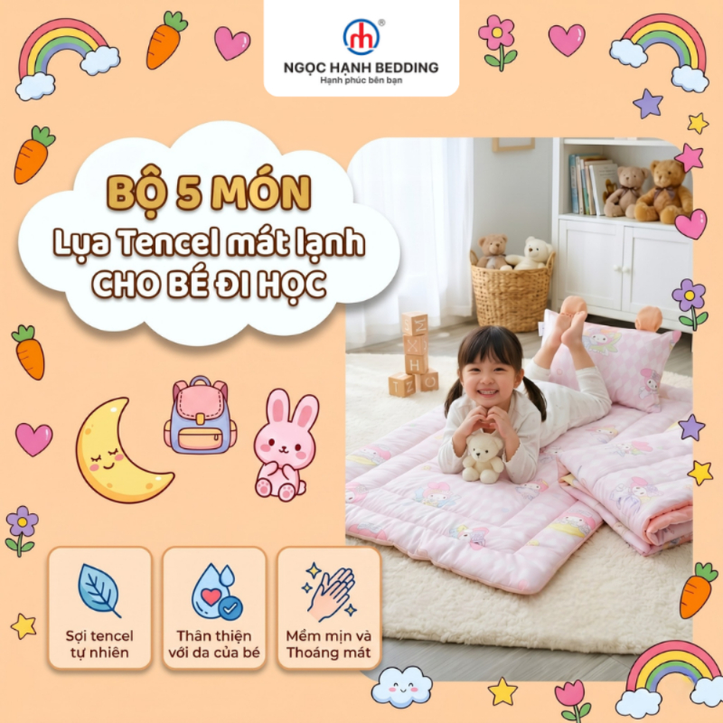 [Mới 2026] Bộ Nệm Chăn Gối Cho Bé Đi Học, Vải Lụa Tencel Lyocell Viscose mềm mát (Tặng Kèm Túi Đựng)