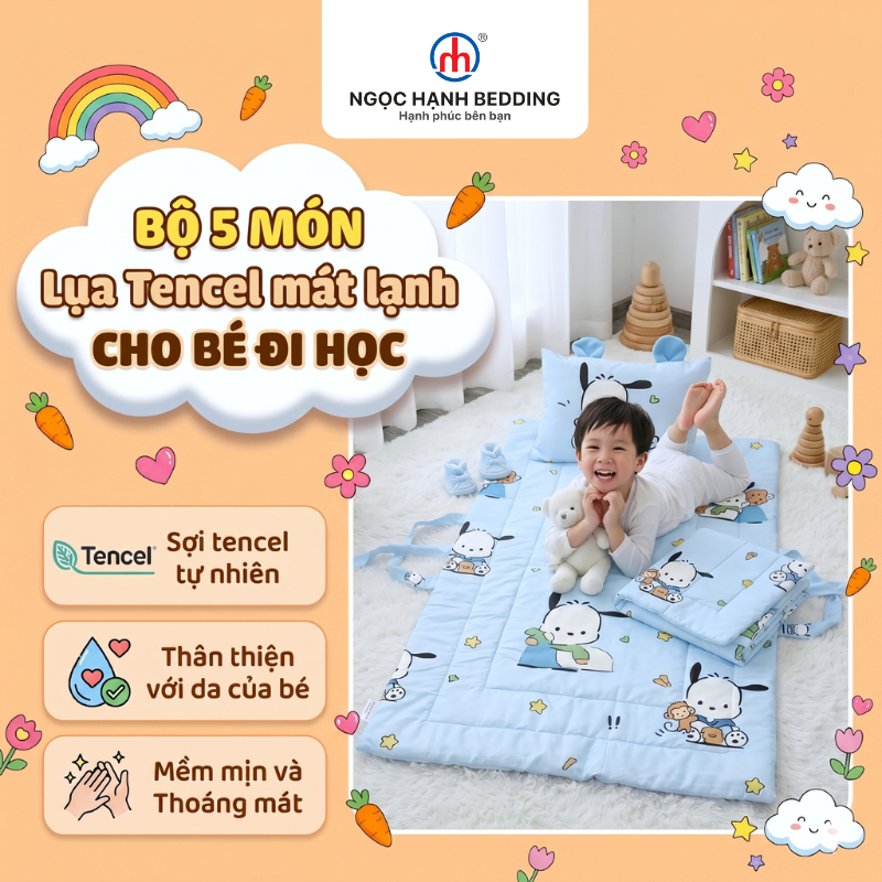 [Mới 2026] Bộ Nệm Chăn Gối Cho Bé Đi Học, Vải Lụa Tencel Lyocell Viscose mềm mát (Tặng Kèm Túi Đựng)