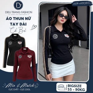 Áo Thun Nữ Tay Dài Cổ Bẻ Phối Sọc Thêu Logo Form Ôm Tôn Dáng Big Size AT9100 Diệu Trang Fashion