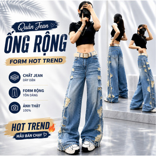 Quần jean nữ ống rộng rách cá tính AMILY – Quần bò ống suông thời trang, mã 26200857964 chất denim đẹp