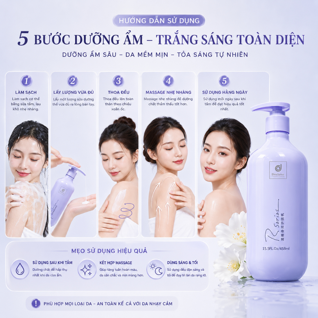 Rsarias sữa dưỡng thể, dưỡng thể thơm lâu, dưỡng ẩm sâu, dưỡng da mịn màng, phù hợp mọi loại da