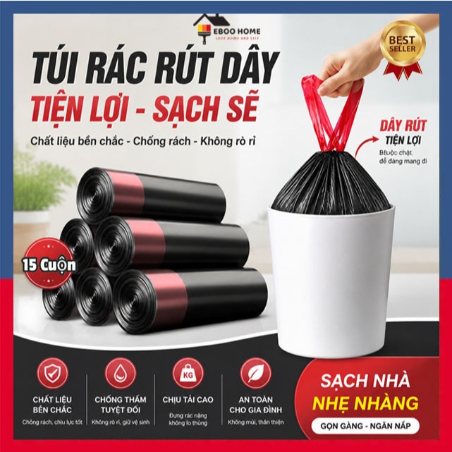 Túi rác rút dây siêu bền 15 cuộn – thân thiện môi trường, chống rách chống rò rỉ, tiện lợi cho gia đình