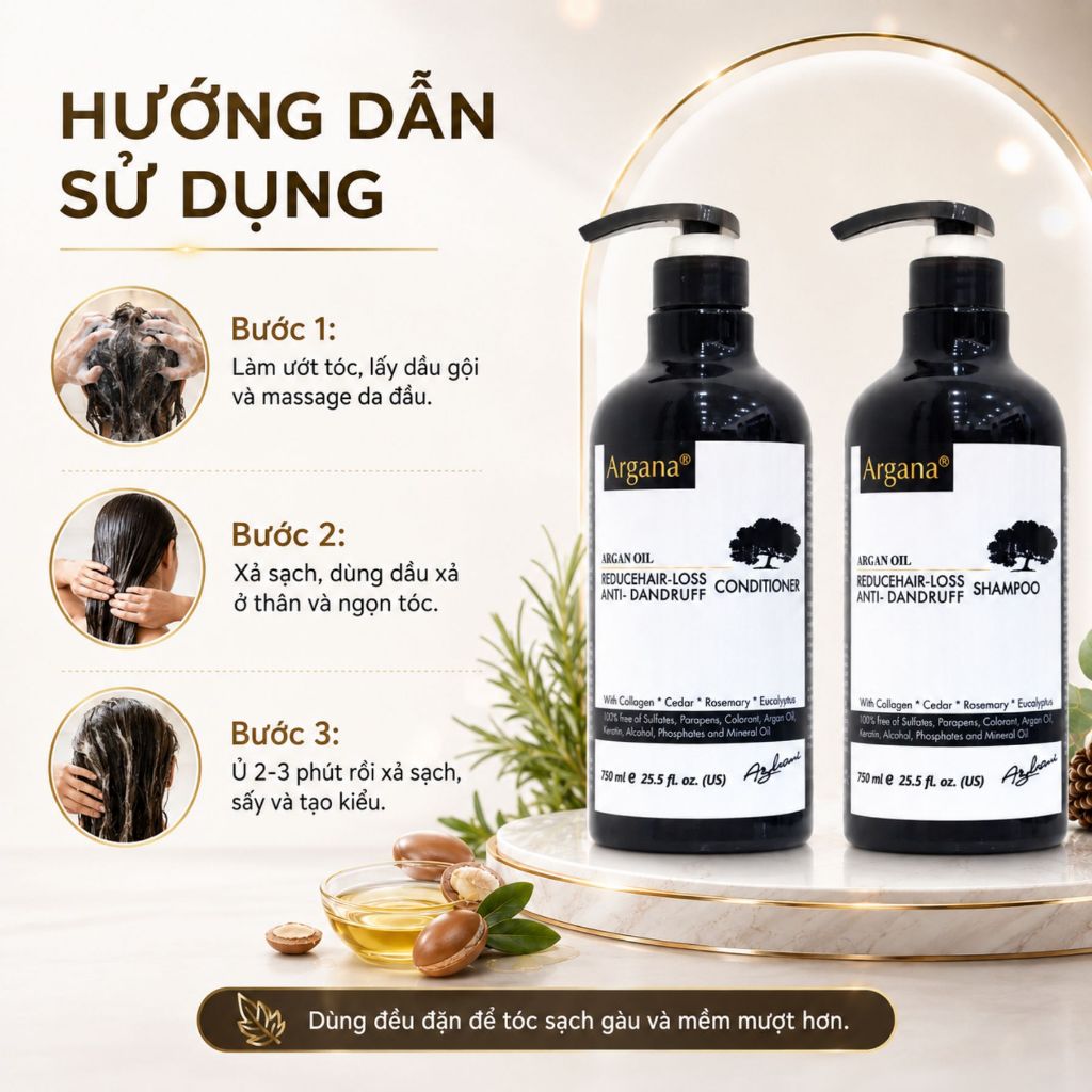 Combo Dầu Gội Xả Argana  size: 500ml - 750ml Hỗ Trợ Phục Hồi, Sạch Gàu Ngứa