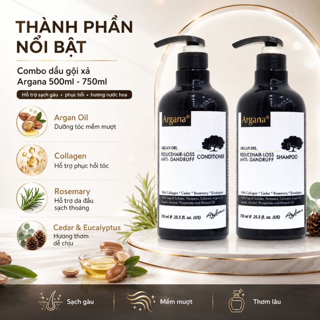 Combo Dầu Gội Xả Argana  size: 500ml - 750ml Hỗ Trợ Phục Hồi, Sạch Gàu Ngứa