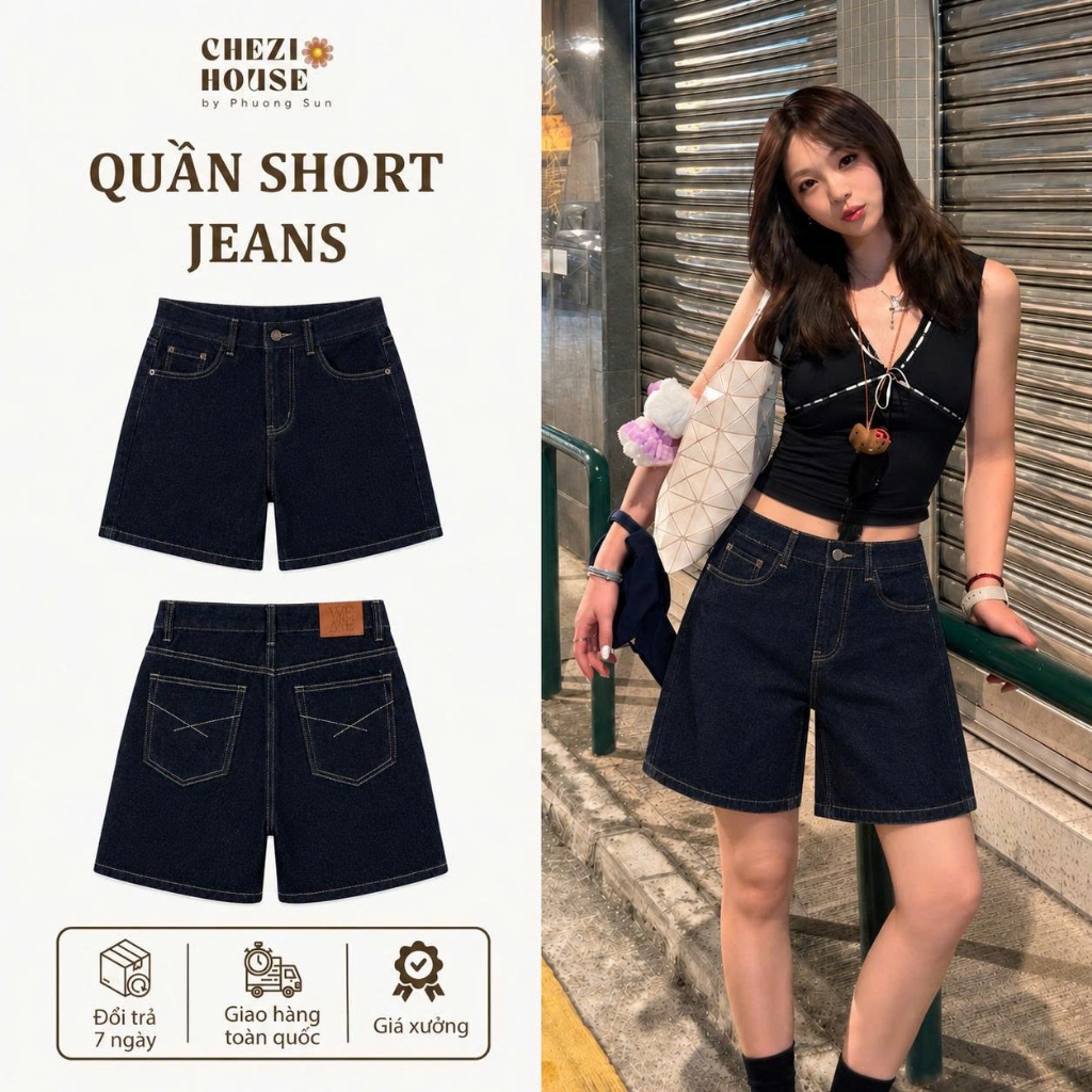 Quần Short Bò Nữ Cạp Cao Tôn Dáng, Quần Ngố Jean Lưng Cao Màu Xanh Đậm Che Khuyết Điểm Cực Xinh #8498 CHEZI HOUSE